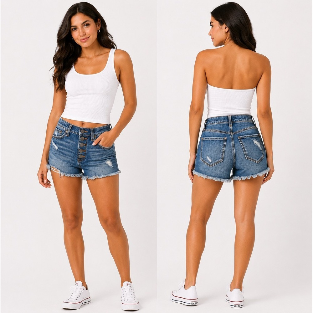 Mudd Womens Size 1 High Rise Denim Shorts Y2K Button Fly Distressed Frayed Stret